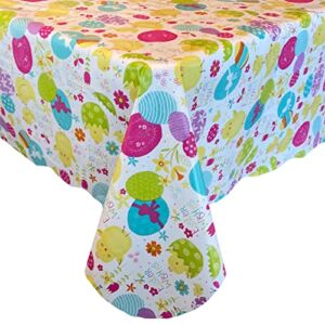 Newbridge Easter Wishes Colorful Vinyl Flannel Backed Tablecloth, Whimsical Mod Easter Eggs, Chicks and Flower Petal Print Vinyl Tablecloth with Flannel Backing, 52” x 70” Oblong/Rectangle