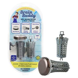 Drain Buddy Deluxe: Bathroom Sink Stopper Strainer with Hair Catcher – No Installation Clog Prevention, Fits 1.25” Sink Drains – Rubbed Bronze Metal Cap with 1 Replacement Basket – Seen On Shark Tank