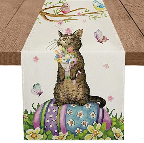 GAGEC Easter Table Runner Cat Egg Flower Butterfly Birds 13 x 72 Inch Burlap Farmhouse Long Tablecloth Holiday Decor Spring Dining Decorations Home Kichen Supplies | The Storepaperoomates Retail Market - Fast Affordable Shopping