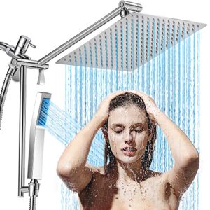 Shower Head with Handheld, MUFECO 8” All Metal Rain Shower Head High Pressure Dual Square Shower Head Combo with Adjustable Extension Arm and 3 Spray Settings Anti-leak with Holder/Hose