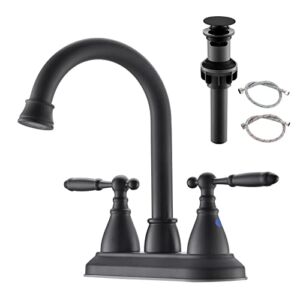 4 Inch Bathroom Sink Faucet Matte Black, 2 Handle Centerset Bathroom Faucets with Pop-up Drain Assembly, 360° Swivel Spout Black Bathroom Faucet with Water Supply Hoses