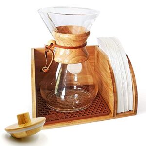 HEXNUB – Caddy and Lid for Chemex Coffee Makers, Bamboo Stand fits Collar Handle Chemex, Bodum, Coffee Gator Carafes, Heatproof Silicone Mat, Filter Holder Ideal for Pour Over Coffee Brewing – Brown