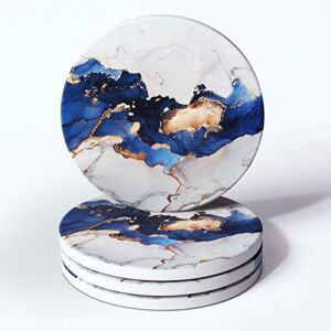 RoomTalks Blue and Gold Marble Coasters for Drinks Absorbent 4 PCS Abstract Cool Alcohol Ink Ceramic Coaster Set Cork Back Modern Art Cup Coasters for Wooden / Coffee Table (Blue, 4 Pieces)
