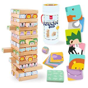 Nene Toys Wooden Block Stacking Game – 4-in-1 Tumble Tower Family Board Game with Building Blocks, Cards and Dice – African Safari Educational Wooden Toy for Kids 3-9 Years Old About Animals