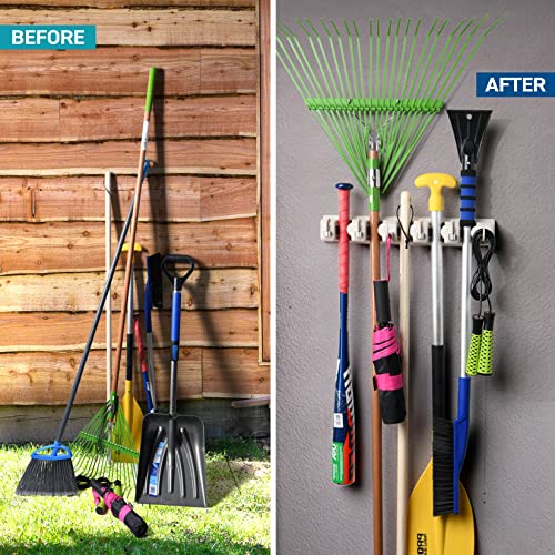 Home-it It Mop and Broom Holder, 5 Position with 6 Hooks Garage Storage Holds up to 11 Tools, Storage Solutions for Broom Holders, Garage Storage Systems Broom Organizer for Garage Shelving Ideas | The Storepaperoomates Retail Market - Fast Affordable Shopping