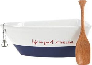 Pavilion – Life Is Great At The Lake – 12 Oz Stoneware Boat Dish Server With Wooden Oar Scoop