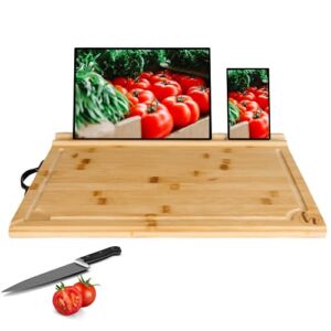 Hultzzzy Large Natural Thick Bamboo Cutting Board with Phone Ipad Tablet Stand 16″ x 12″ with Non Slip Rubber Corners Juice Groove Pour Spout Handle For Cheese and Meat Charcuterie Board