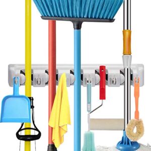 Mop Broom Holder, Wall Mounted Commercial Organizer Storage Rack for Garden Tools, Kitchen, Garage and Laundry [5 Slots with 6 Hooks]