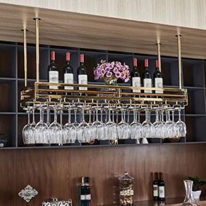 V3VOGUE Ceiling Mount Shelf, Ceiling Metal Hanging Wine Glass Holder, Stemware Glass Holders Shelf, Adjustable Gold Floating Wine Storage Shelf, for Cabinet Kitchen Bar 120/150cm