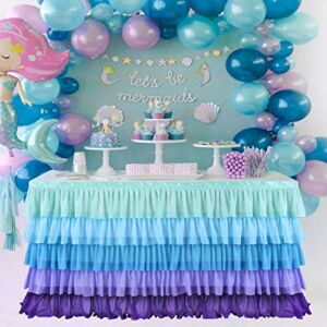 6ft Mermaid Tablecloth Party Blue Purple Tutu Table Skirt for Rectangle Round Tables Chiffon Table Decorations for Mermaid Birthday Party Baby Shower Ruffle Table Skirting
