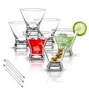 Stemless Martini Glasses Set of 6 with Extra 6 Cocktail Picks, Hand Blown Crystal Martini Glasses，Lead-Free 8oz Manhattan Glasses for Cocktails, Cosmopolitan Martini Glasses with Sturdy Base