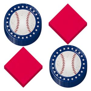 Baseball Party Supplies – All Star Red, White, and Blue Paper Dessert Plates and Beverage Napkins (Serves 16)