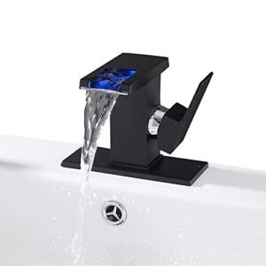 LED Light Bathroom Faucet Waterfall Single Handle One Hole Black Faucet for Bathroom Sink Mount Vanity Faucet Lead-Free for Commercial Residential