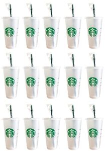 Starbucks 15 Pack Bundle – Reusable Frosted 24 oz Cold Cup with Lid and Green Straw w/Stopper