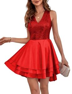 Lrady Women’s Sequin Glitter V Neck Skater Mini Club Cocktail Party Swing Dress, Red, Large