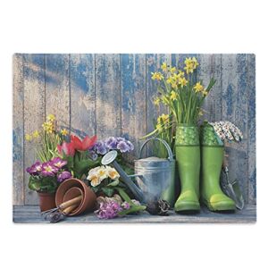 Lunarable Summer Spring Cutting Board, Photo of Gardening Equipments Flower Pots and Rubber Boots Garden Work Print, Decorative Tempered Glass Cutting and Serving Board, Large Size, Multicolor