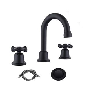 RKF Brass Two Handle Widespread Bathroom Sink Faucet with METAL Pop-up Drain with overflow and CUPC Supply Hoses,Matte Black,CWF039-MB