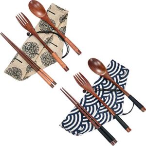 2 Sets Wooden Flatware Wooden Fork and Spoon Chopsticks Reusable Tableware Cutlery Set Travel Utensils Tied Line Flatware, Eating Utensils with Pouch for Office Camping Traveling