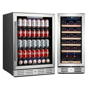 Kalamera 15-24 inch 154 Can 30 Bottle Capacity Beverage Cooler – Built in Counter or Freestanding – for Soda, Water, Beer or Wine – For Kitchen or Bar with Blue Interior Light