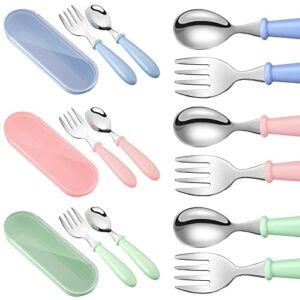 9 Pieces Toddler Utensils Stainless Steel Fork and Spoon Safe Baby Silverware Set, Kid Safe Utensils Children’s Flatware Kids Cutlery Set with Round Handle for LunchBox (Blue, Green, Pink)