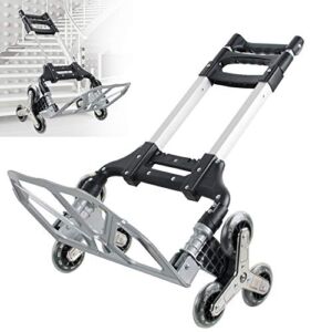 Stair Climbing Cart Portable Folding Stair Climber Hand Truck Trolley Aluminum Alloy 3–Level Height Adjustable with 6 Crystal Wheels and Climbing Ropes for Supermarket Home