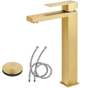 Tohlar Vessel Sink Faucet Gold, Tall Bathroom Faucets for Vessel Sinks Brushed Gold Modern Single Handle 1 Hole Stainless Steel Bathroom Vanity Faucet with Water Supply Hose and Pop Up Sink Drain