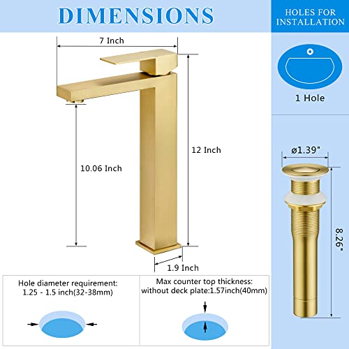 Tohlar Vessel Sink Faucet Gold, Tall Bathroom Faucets for Vessel Sinks Brushed Gold Modern Single Handle 1 Hole Stainless Steel Bathroom Vanity Faucet with Water Supply Hose and Pop Up Sink Drain | The Storepaperoomates Retail Market - Fast Affordable Shopping