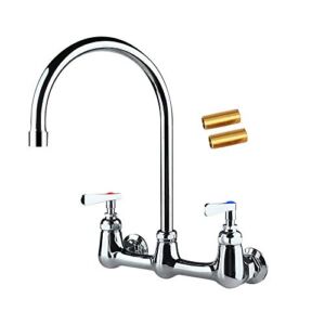 COOLWEST Commercial Wall Mount Faucet 8 Inch Center with 8″ Gooseneck Swivel Spout, 2 Handles Heavy Duty Brass Kitchen Sink Faucet, Chrome Finish