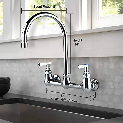 COOLWEST Commercial Wall Mount Faucet 8 Inch Center with 8″ Gooseneck Swivel Spout, 2 Handles Heavy Duty Brass Kitchen Sink Faucet, Chrome Finish | The Storepaperoomates Retail Market - Fast Affordable Shopping