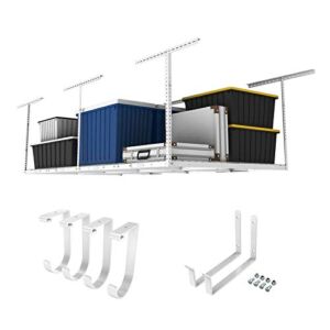 FLEXIMOUNTS 4×8 Overhead Garage Storage Rack w/Hooks Adjustable Ceiling Storage Racks, 96″ Length x 48″ Width x 40″ Height, 22”-40″ Ceiling Dropdown, White