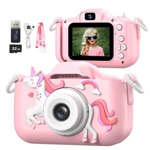 Mgaolo Children’s Camera Toys for 3-12 Years Old Kids Boys Girls,HD Digital Video Camera with Protective Silicone Cover,Christmas Birthday Gifts with 32GB SD Card (Pink)