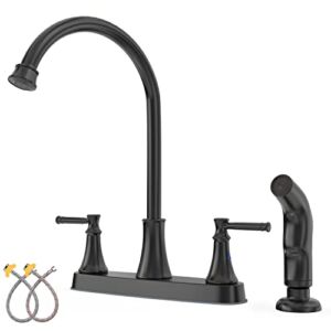 GOWIN Matte Black Kitchen Faucet,2 Handle Kitchen Sink Faucet with Side Sprayer,3 or 4 Hole Kitchen Faucet for Rv Camper Sinks,High Arc Stainless Steel 8 Inch Centerset Faucet