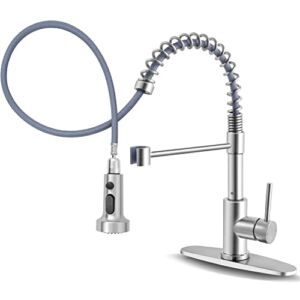 Kitchen Faucets with Pull Down Sprayer Brushed Nickel, Herogo Commercial Stainless Steel Single Handle Pull Out Spring Sink Faucets with Deck Plate for Farmhouse Laundry Utility Rv Wet Bar