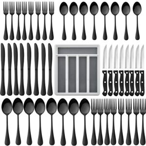 49-Piece Black Silverware Set with Flatware Drawer Organizer, HaWare Stainless Steel Cutlery Set with 8 Steak Knives, Modern Eating Utensils Tableware Service for 8, Mirror Polished, Dishwasher Safe