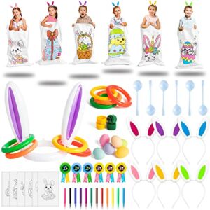 MALLMALL6 64Pcs Easter Party Favor Games Eggs & Spoon Race Game DIY Sack Race Bags 3-Legged Race Bands Inflatable Toss Games for Kids School Family Spring Outdoor Birthday Carnival Holiday Activity