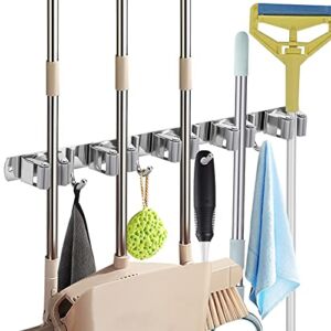 Mop and Broom Holder Wall Mount, Broom Hanger Wall Mount , 17″ Mop Holder Stainless Steel with 5 Rack 4 Hooks for Home, Kitchen, Laundry Room, Garage, Garden, Bathroom, and 1 hook Separated included
