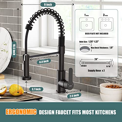 Hurran Kitchen Faucet with Pull Down Sprayer, Stainless Steel High Arc Single-Handle Spring Kitchen Sink Faucets with Dual Function Spray Head, Matte Black | The Storepaperoomates Retail Market - Fast Affordable Shopping