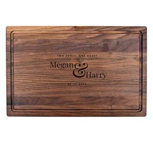 Two Souls, One Heart-Personalized Wooden Cutting Board for Kitchen Juice Groove Natural Custom Engraved in USA, Anniversary Wedding Housewarming for Couples (Walnut 11×17)