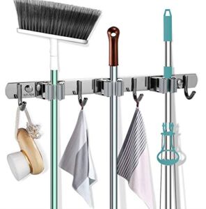 Broom and Mop Holder Wall Mount Broom Hanger Stainless Steel Wall Mounted Tool Organizers and Storage for Bathroom Kitchen Office Closet Garden Garage Wall(3 Racks 4 Hooks)