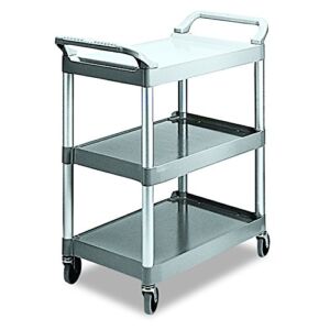 Rubbermaid Commercial Products Heavy Duty 3-Shelf Rolling Service/Utility/Push Cart, 200 lbs. Capacity, Platinum, for Foodservice/Restaurant/Cleaning (FG342488PLAT),White