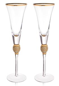 Trinkware Wedding Champagne Flutes – Rhinestone”DIAMOND” Studded Toasting Glasses With Gold Rim – Long Stem, 7oz, 11-inches Tall – Elegant Glassware And Stemware – Set of 2 For Bride And Groom