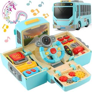 HONGTUO Bus Toy with Sound and Light, Simulation Steering Wheel Gear Toy, Toddlers Bus Toys with Music Education Knowledge Simulation Driving Bus Toys, Gift for 1-3-5 Boys & Girls