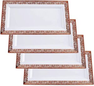 Yumchikel-Plastic Serving Tray & Platter Set (4pk) White & Rose Gold Lace Disposable Party Trays & Platters for Food – Weddings, Dessert Table, Cupcake display -14″x7.5″ inches