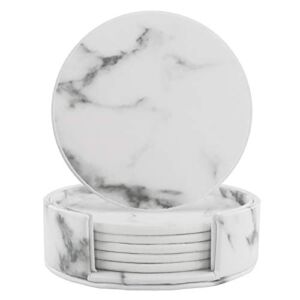 Leather Coasters with Holder Set of 6,Marble Coasters for Drinks,Funny Housewarming Gift,Round Cup Mat Pad for Home and Kitchen