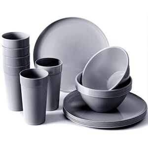 Youngever 18-Piece Plastic Kitchen Dinnerware Set, Plates, Dishes, Bowls, Cups, Service for 6 (Dark Grey)
