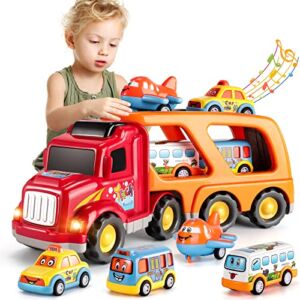 TEMI Toddler Carrier Truck Transport Vehicles Toys – 5 in 1 Toys for 3 4 5 6 7 Year Old Boys, Kids Toy Cars for Toddlers 1-3, Friction Power Set for Kids 3-9, Christmas for 3+