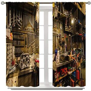 Man Cave Motorcycle Tools Curtains, Garage Tool Rack with Various Tools and Repair Supplies on Shelves Blackout Rod Pocket Windows Door Curtain for Kitchen Living Room Home Decro 63x72in