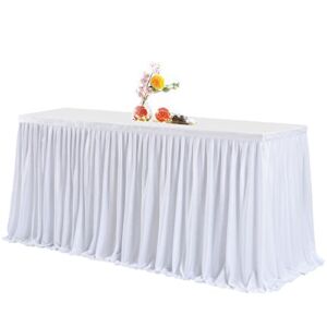 Partisky White Polyester Table Skirt for Rectangle Tables 6ft, Tutu Pleated Ruffle Table Skirt for Birthday Party Banquet Wedding Trade Baby Shower Display