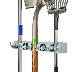 Innovatex Garage Tool Rack and Wall Mount Holder – 5 Clamp Organizer Slots for Rakes, Shovels, Brooms, Mops, Garden and Yard Tools, Kitchen and Utility Use – 6 Hanging Hooks for Small Items