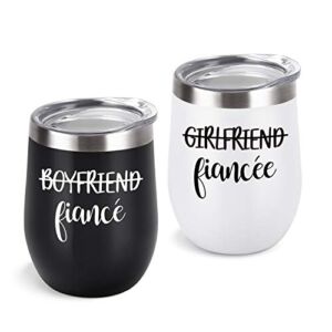 Lifecapido Boyfriend and Girlfriend Wine Tumbler Set, Engagement Ideas for Fiance Fiancee Friend Bachlorette, 12 Oz Funny Couple Stainless Steel Insulated Wine Tumbler with Lid, Black and White